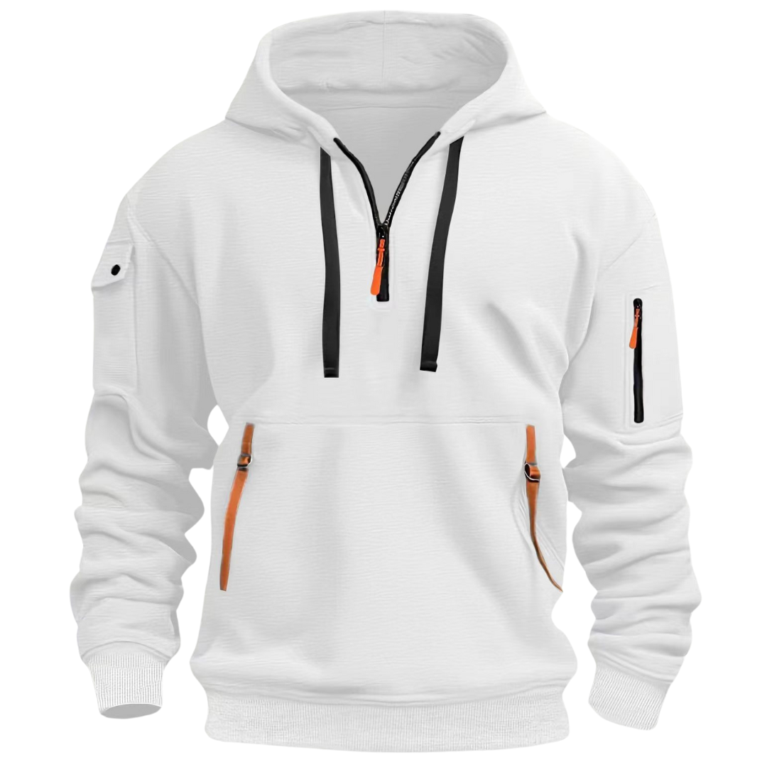Men's hooded pullover with quarter zip and multiple zip pockets