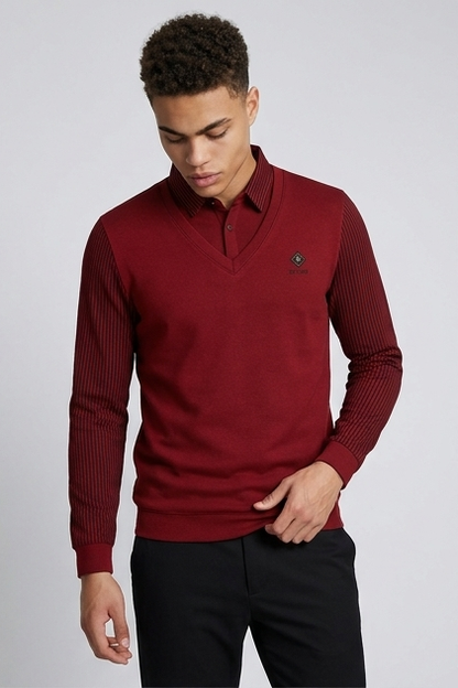 Men's V-neck knit jumper with contrasting striped long sleeves