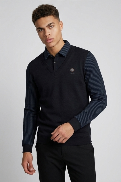 Men's V-neck knit jumper with contrasting striped long sleeves