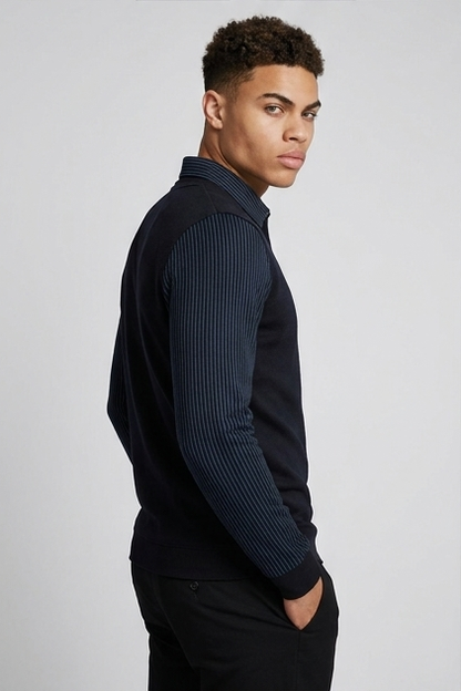 Men's V-neck knit jumper with contrasting striped long sleeves