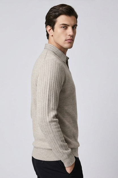 Men's layered V-neck textured knit jumper with shirt collar and long sleeves