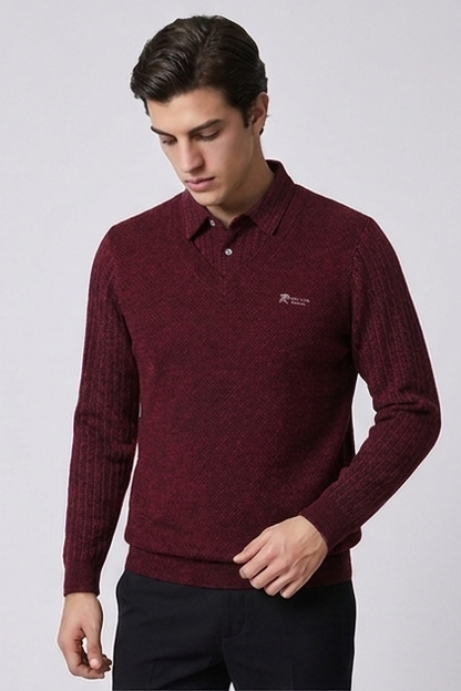 Men's layered V-neck textured knit jumper with shirt collar and long sleeves