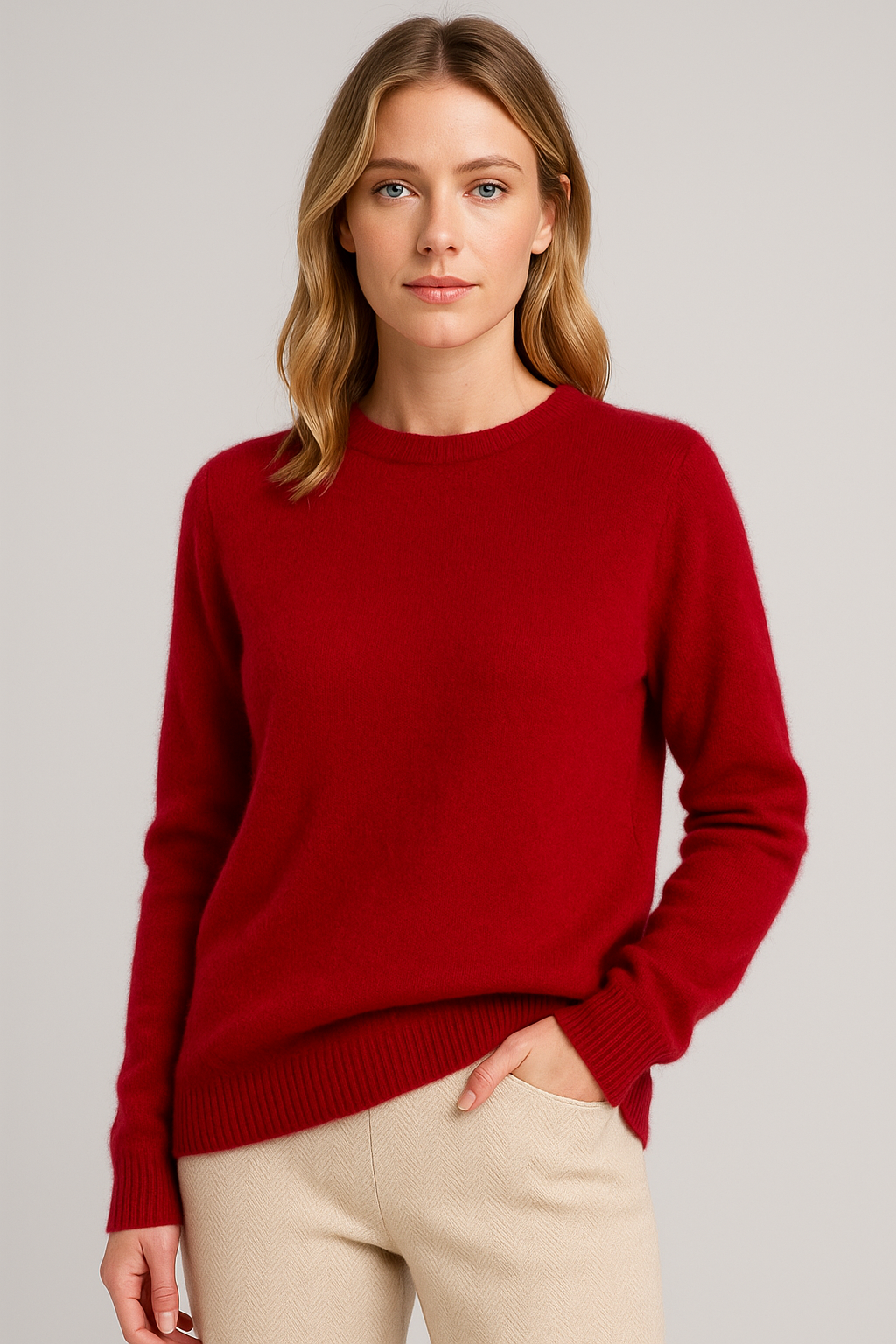 Women's plain crewneck sweater with long sleeves and ribbed trims
