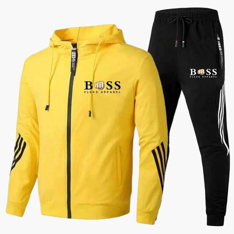 Men's hooded tracksuit set with zip jacket, tapered trousers and contrast stripes