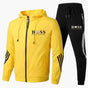 Men's hooded tracksuit set with zip jacket, tapered trousers and contrast stripes