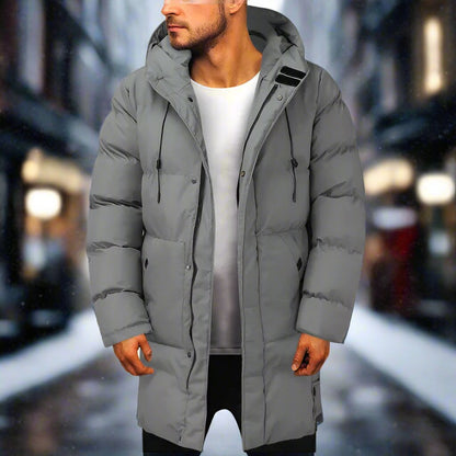 Men's long hooded puffer coat with front pockets