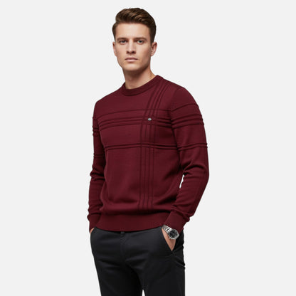 Men's long sleeve striped crew neck sweater with ribbed trims