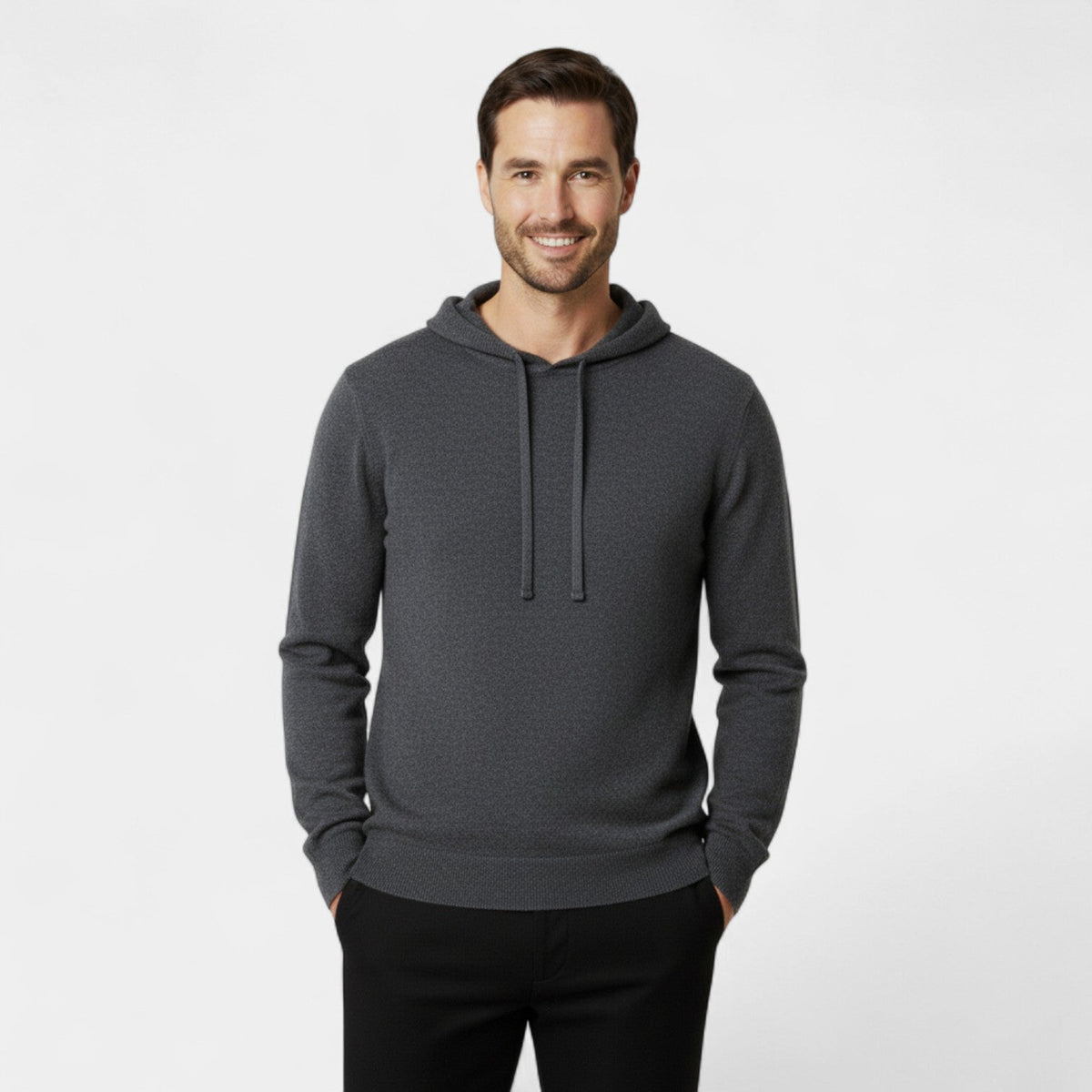 Men's plain knit hooded sweater with long sleeves and ribbed trims