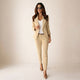 Women's black double breasted blazer suit set with tailored trousers, shown from front and side