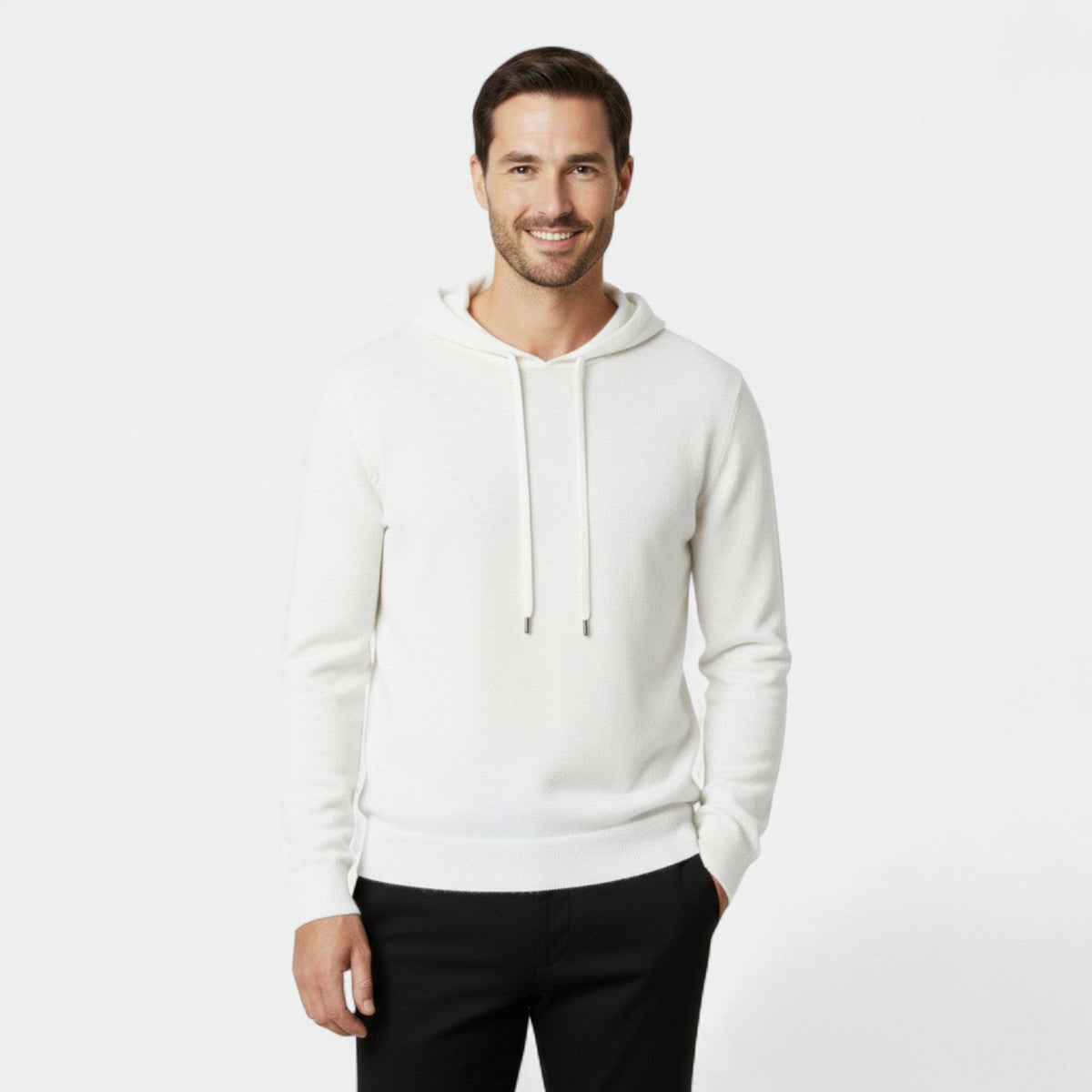 Men's plain knit hooded sweater with long sleeves and ribbed trims