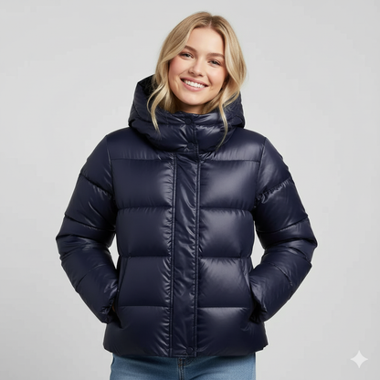Women's hooded quilted puffer jacket with front zipper