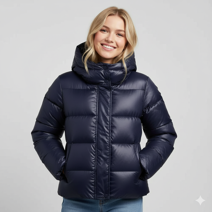 Women's hooded quilted puffer jacket with front zipper