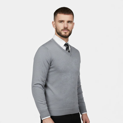 Men's solid V-neck knit sweater with long sleeves and ribbed trims