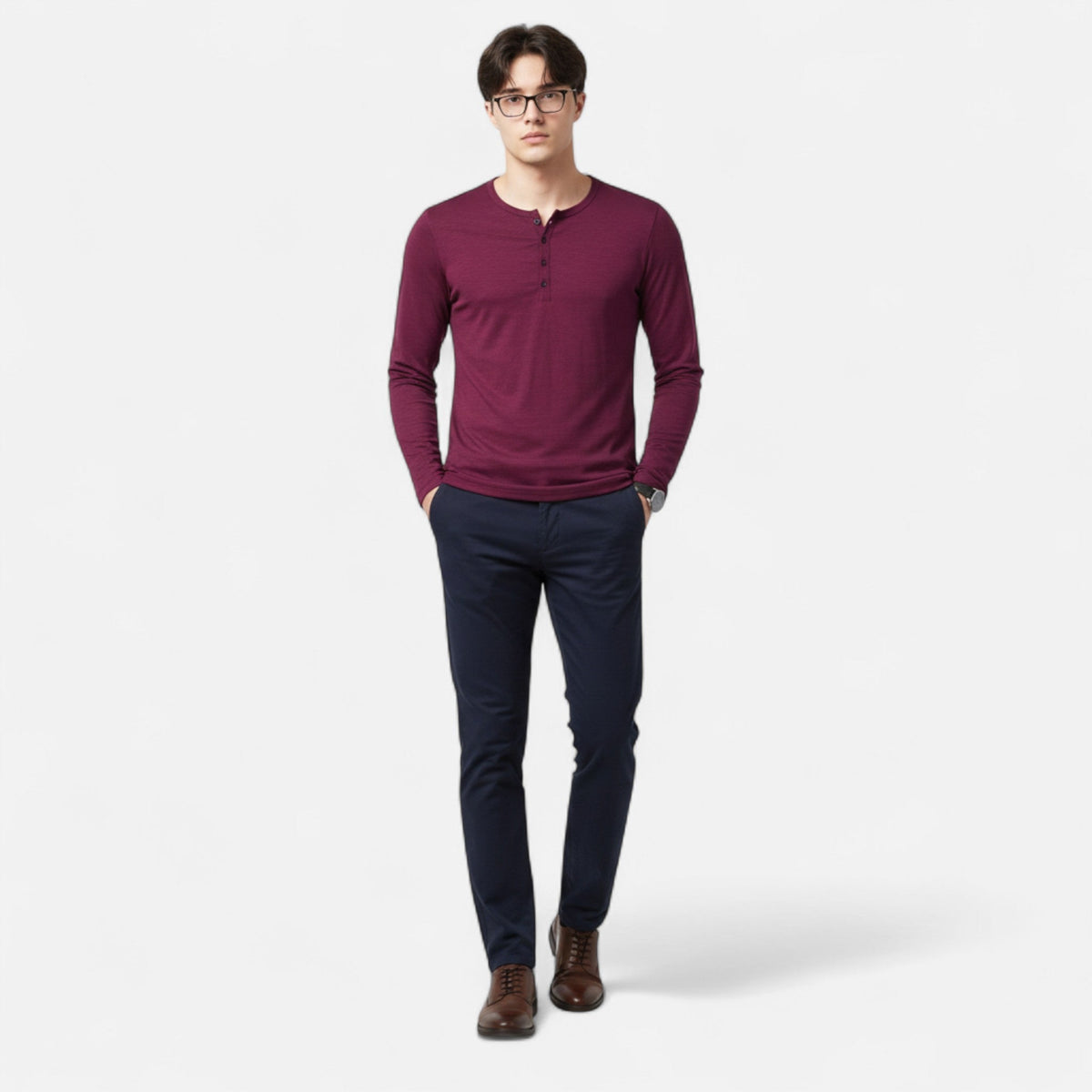 Men's long-sleeve henley shirt with mandarin neckline and button placket