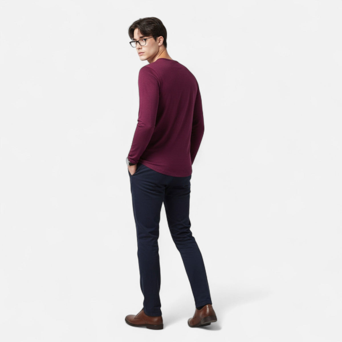 Men's long-sleeve henley shirt with mandarin neckline and button placket