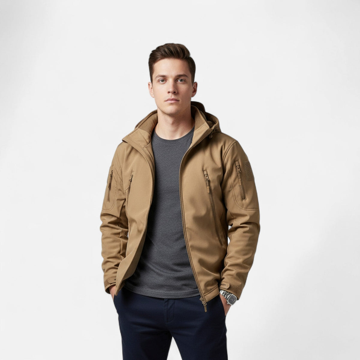 Men's hooded softshell jacket with full zip and multiple zipped pockets