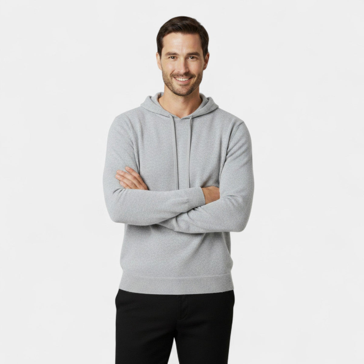Men's plain knit hooded sweater with long sleeves and ribbed trims