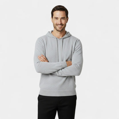 Men's plain knit hooded sweater with long sleeves and ribbed trims