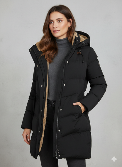 Women's long padded hooded coat with plush pile lining and front pockets
