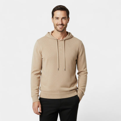 Men's plain knit hooded sweater with long sleeves and ribbed trims