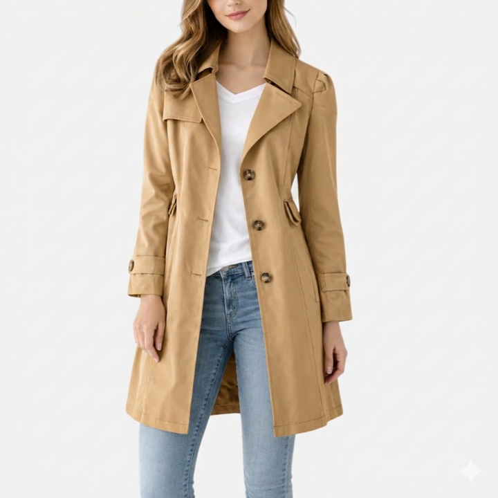Women's button front trench coat with notched lapels and long sleeves
