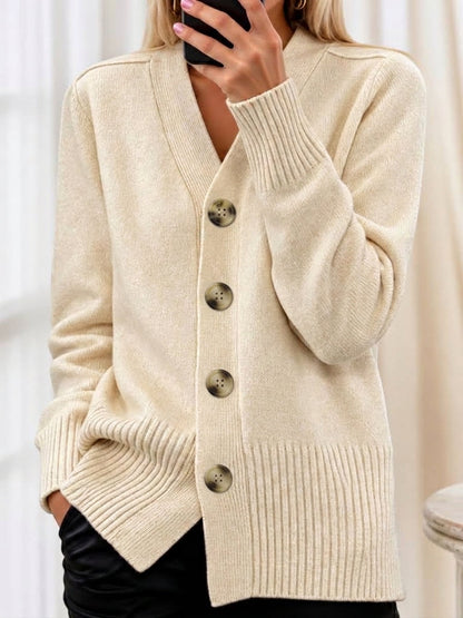 Women's V-neck button cardigan with long sleeves, front pockets and ribbed trims