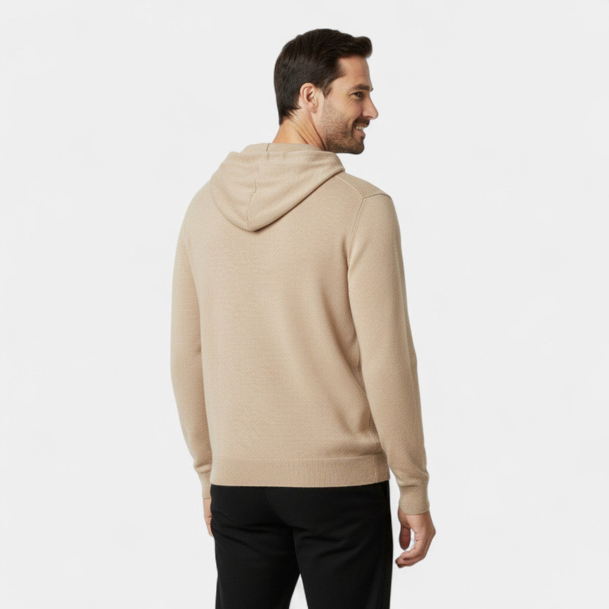 Men's plain knit hooded sweater with long sleeves and ribbed trims