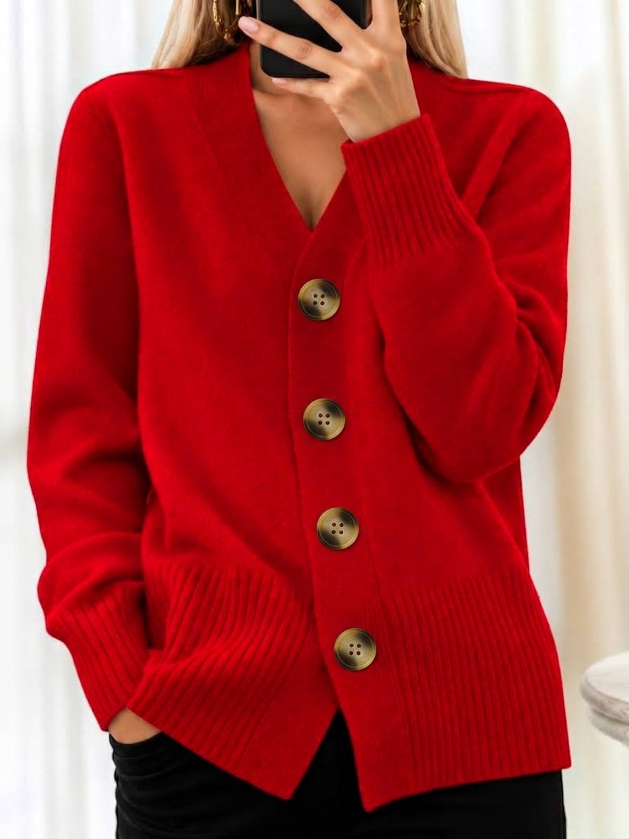 Women's V-neck button cardigan with long sleeves, front pockets and ribbed trims