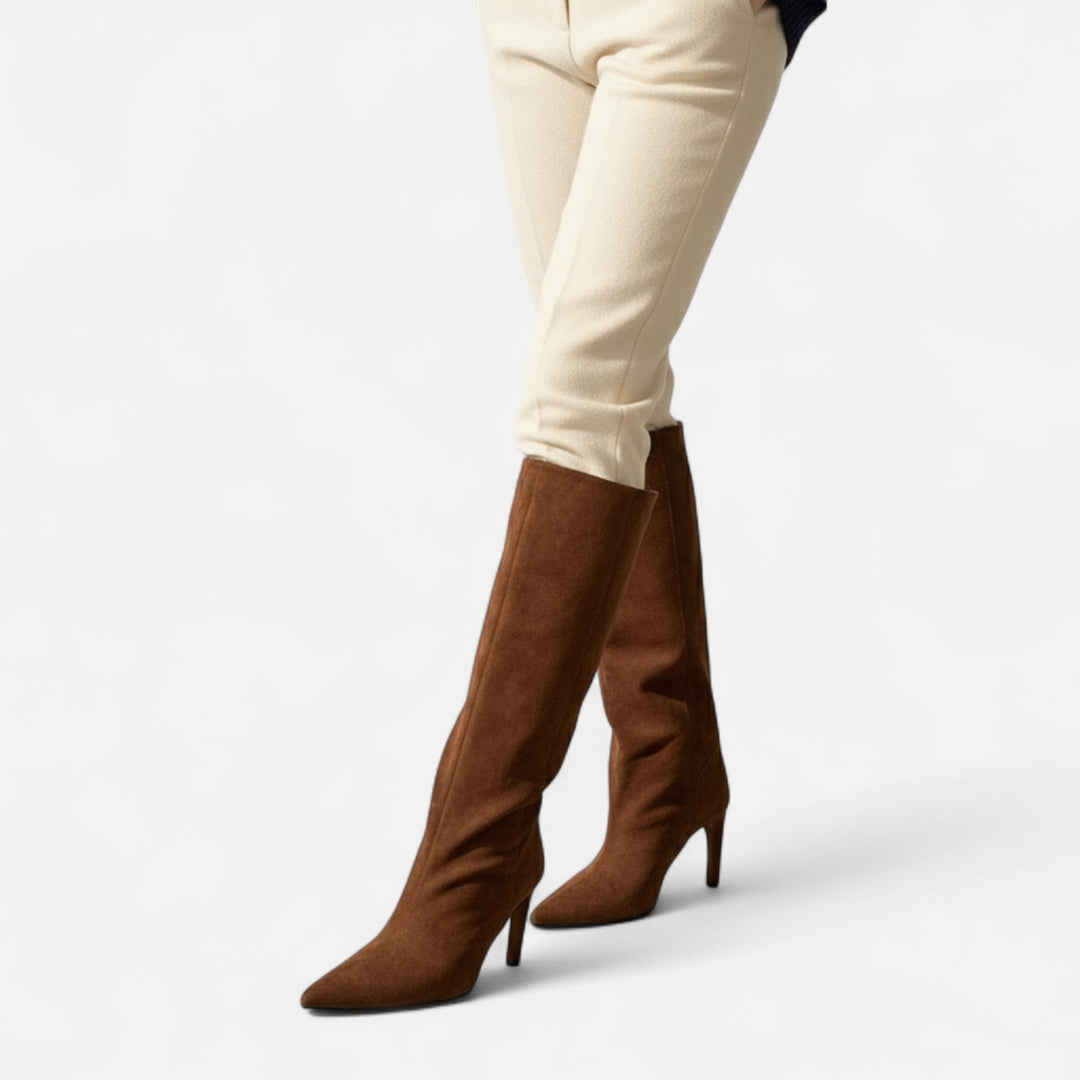 Women's knee-high pointed toe boots with stiletto heel