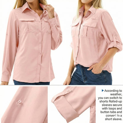 Women's long sleeve utility shirt with button front, roll-tab cuffs and multiple chest pockets