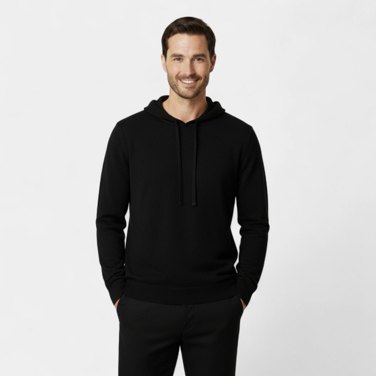 Men's plain knit hooded sweater with long sleeves and ribbed trims
