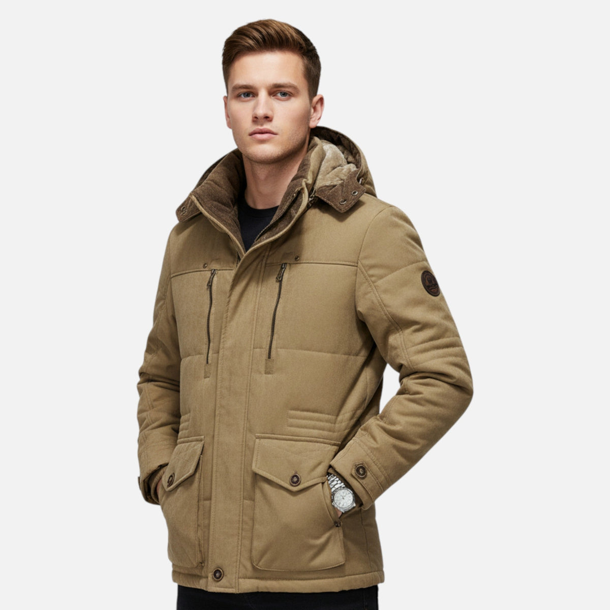 Men's hooded quilted parka jacket with multiple pockets and zip front