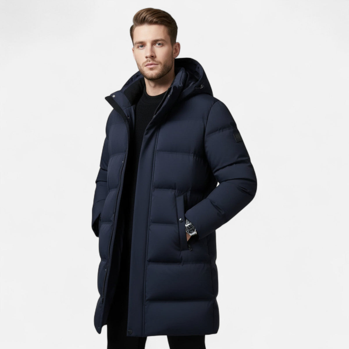Men's long hooded quilted parka with zip front and snap placket