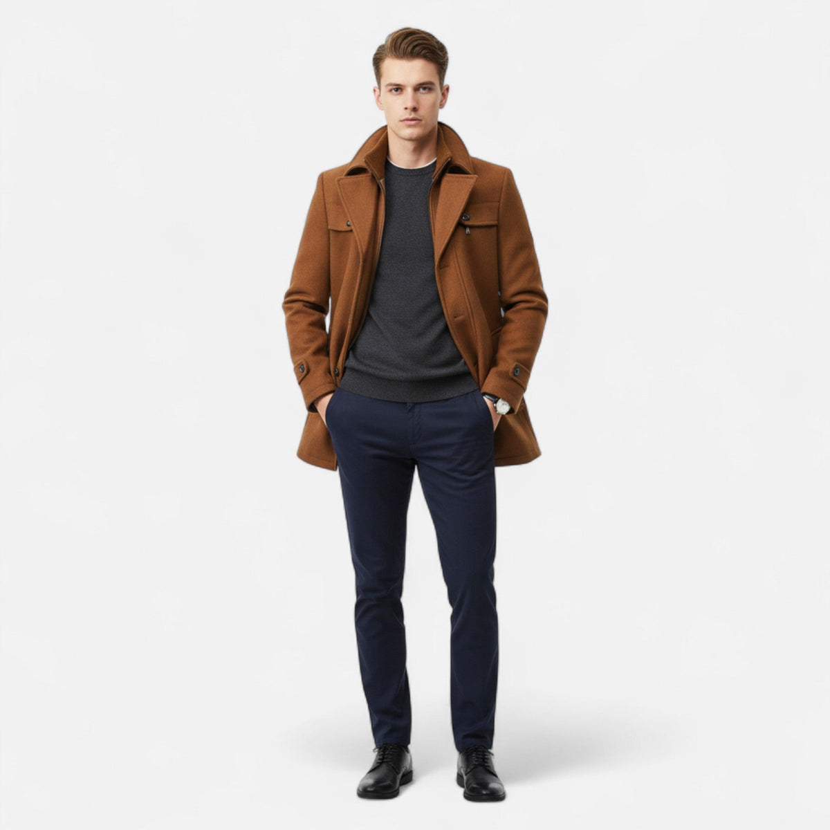 Men's long coat with stand collar, zip and button front