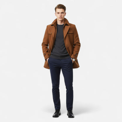 Men's long coat with stand collar, zip and button front