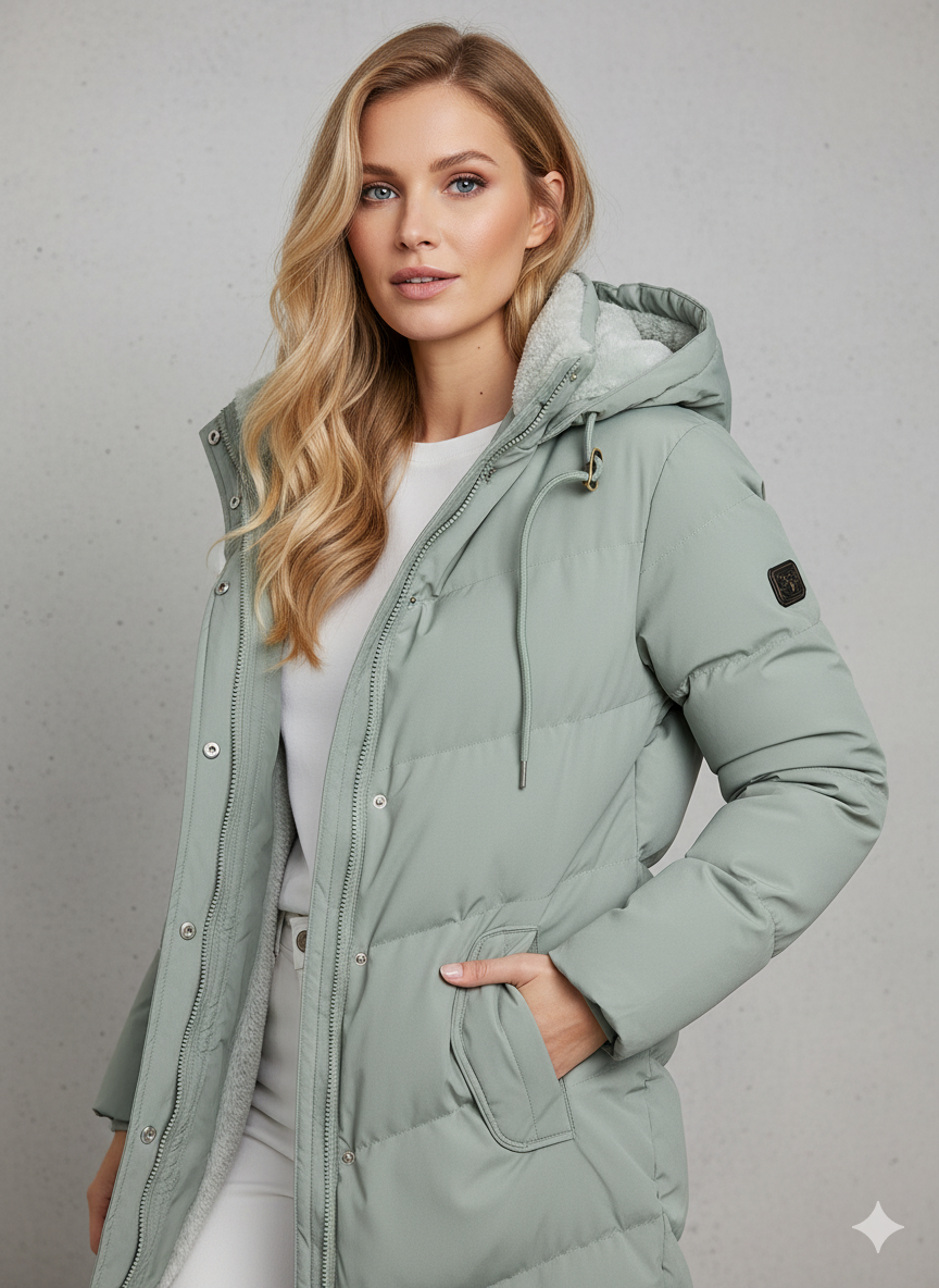Women's long padded hooded coat with plush pile lining and front pockets