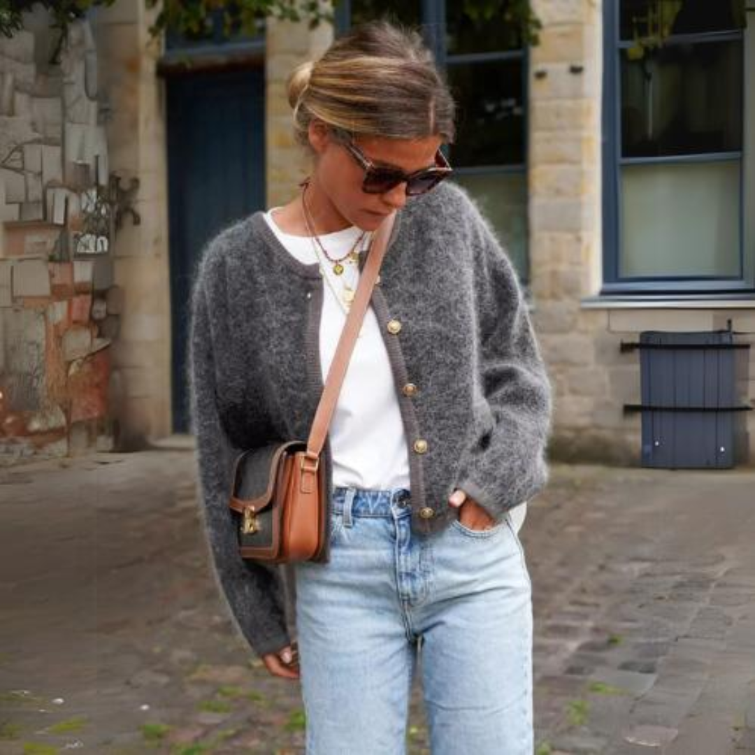 Women's grey fuzzy cardigan with round neck and button front