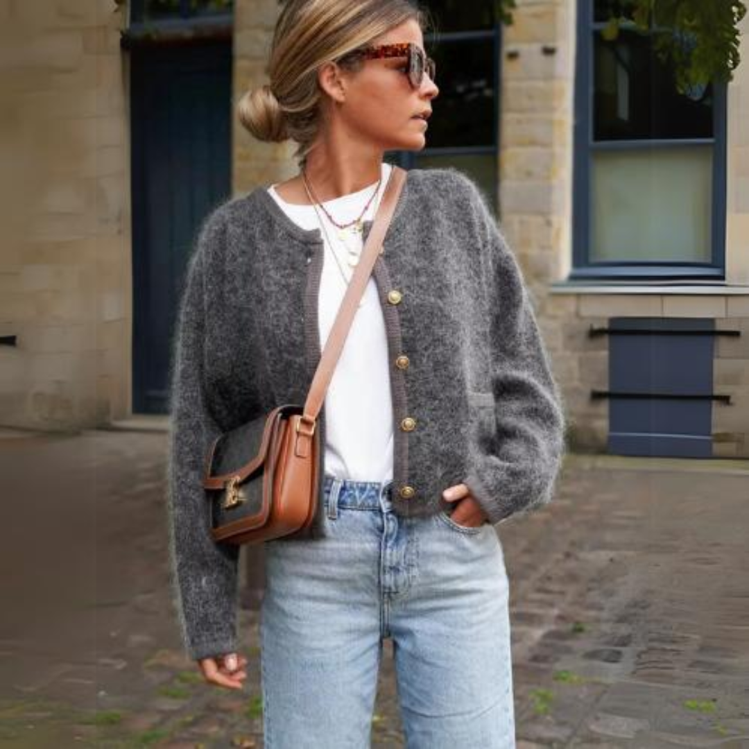 Women's grey fuzzy cardigan with round neck and button front