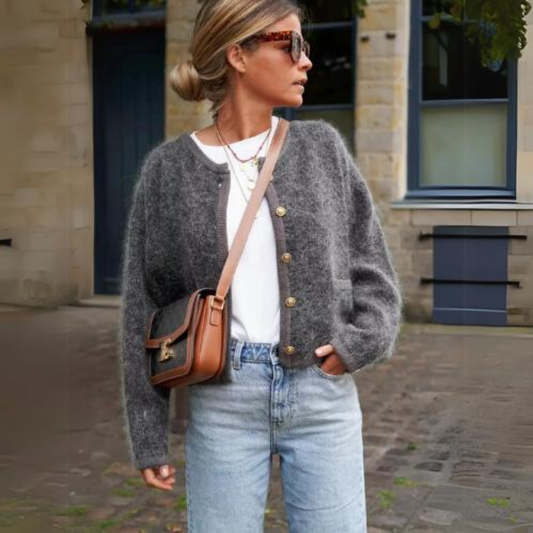 Women's grey fuzzy cardigan with round neck and button front