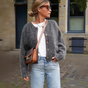 Women's grey fuzzy cardigan with round neck and button front
