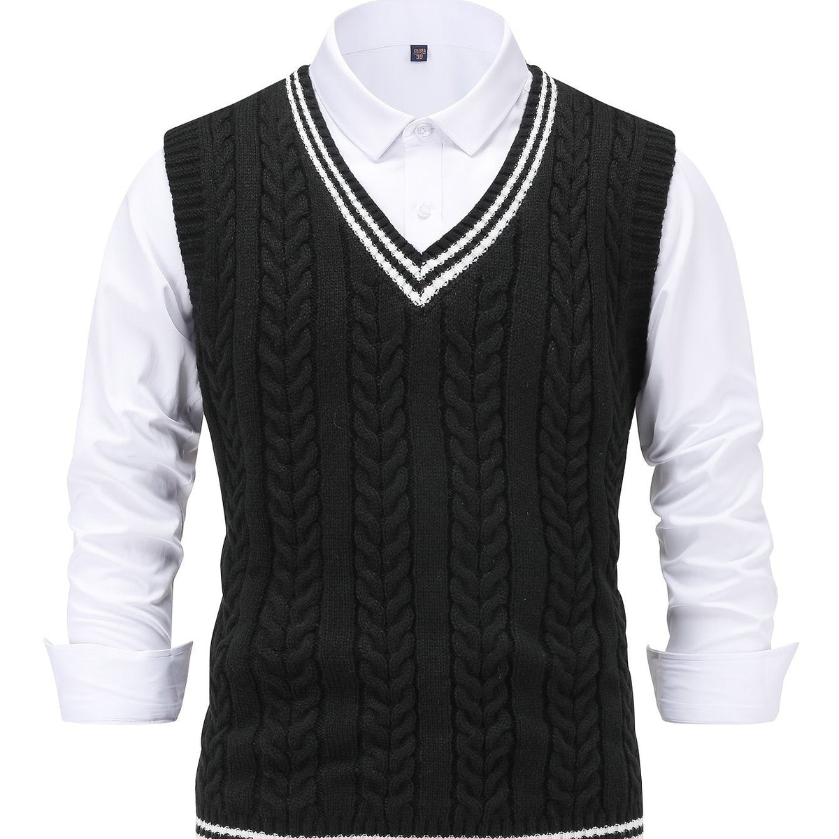 Men's sleeveless cable knit V-neck sweater vest with contrasting tipped trim