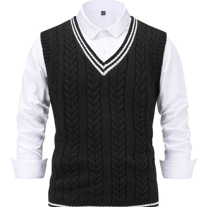 Men's sleeveless cable knit V-neck sweater vest with contrasting tipped trim