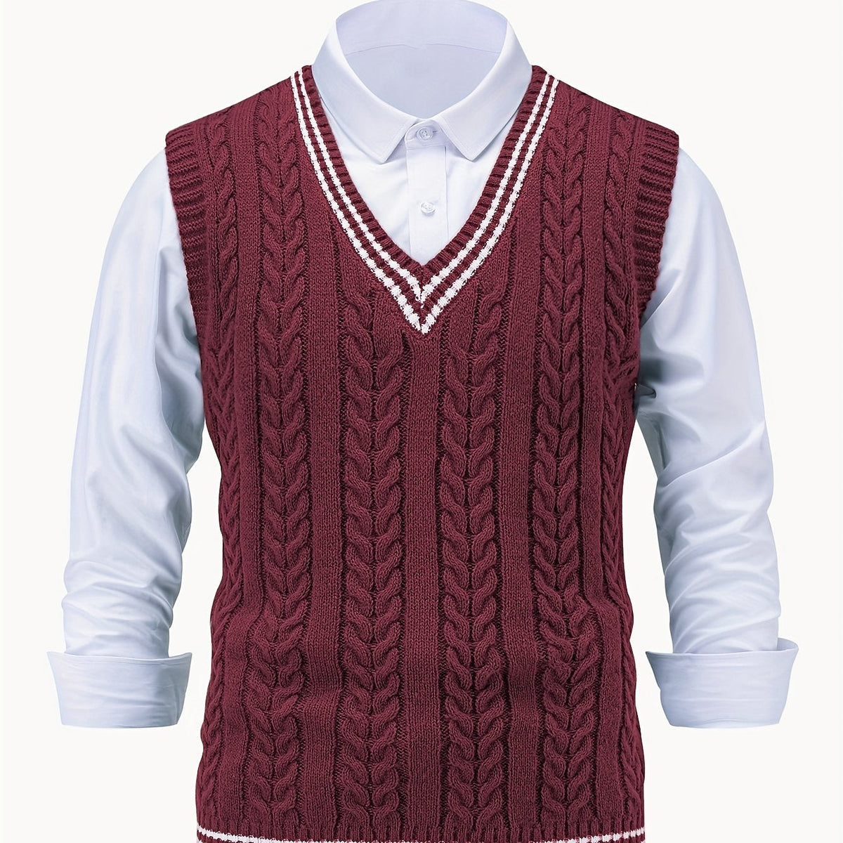 Men's sleeveless cable knit V-neck sweater vest with contrasting tipped trim