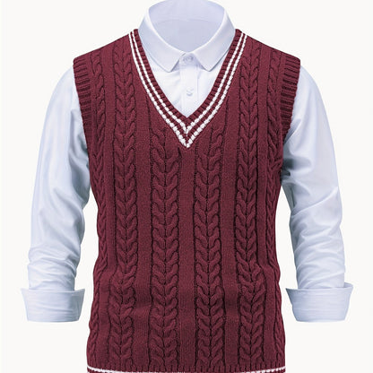 Men's sleeveless cable knit V-neck sweater vest with contrasting tipped trim