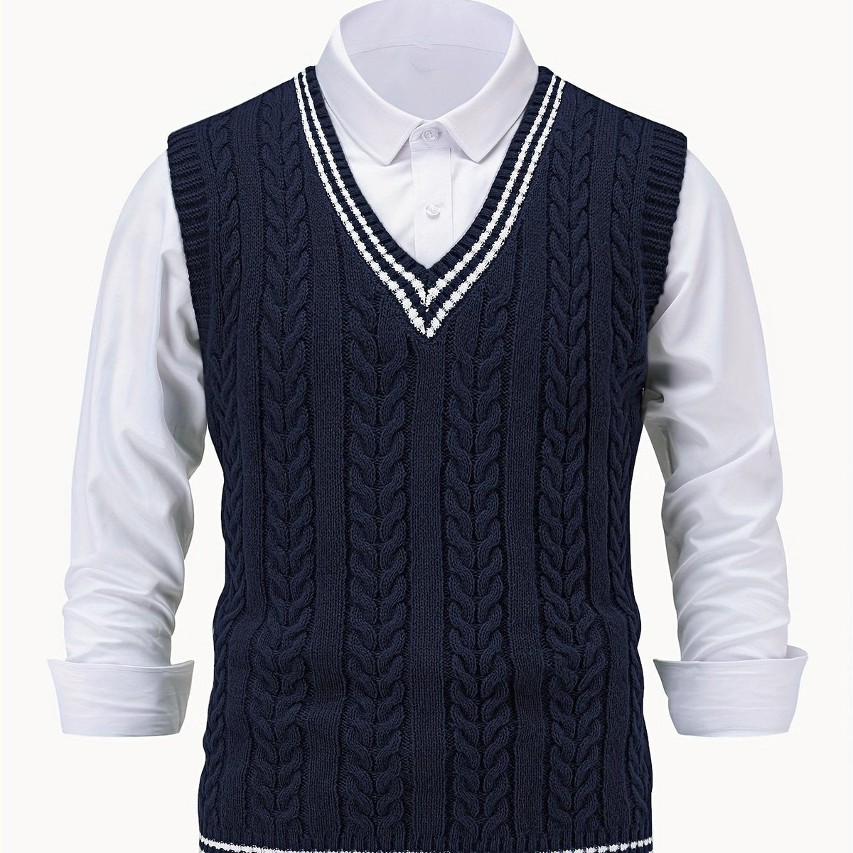 Men's sleeveless cable knit V-neck sweater vest with contrasting tipped trim