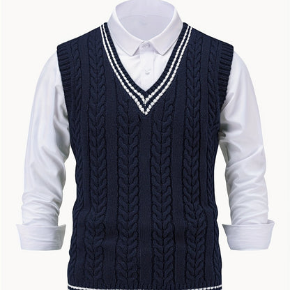 Men's sleeveless cable knit V-neck sweater vest with contrasting tipped trim