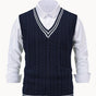 Men's sleeveless cable knit V-neck sweater vest with contrasting tipped trim