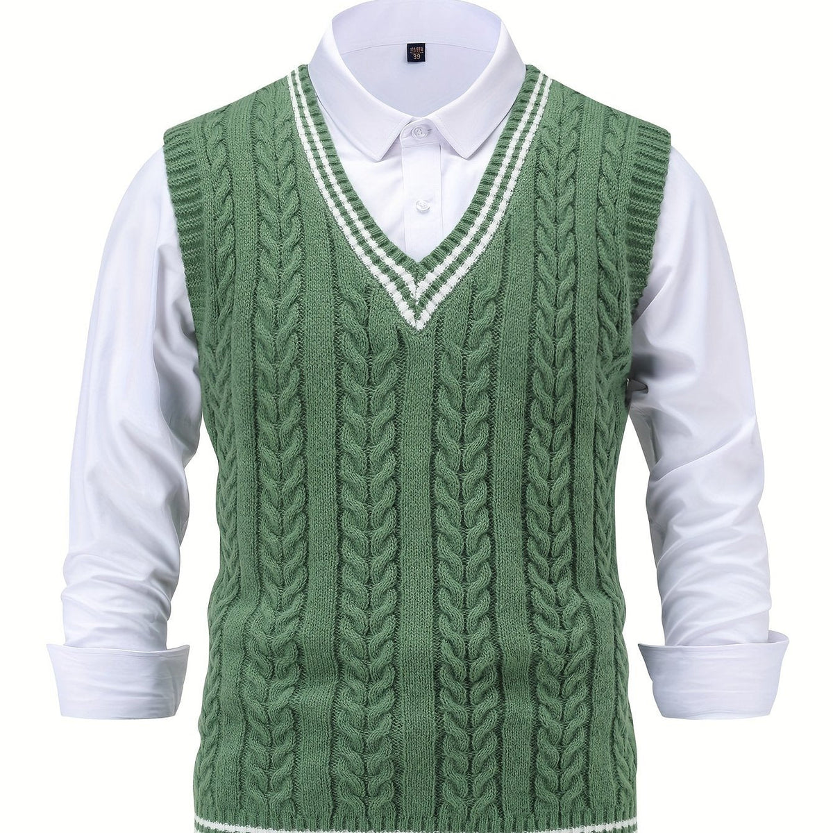 Men's sleeveless cable knit V-neck sweater vest with contrasting tipped trim