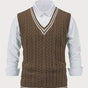 Men's sleeveless cable knit V-neck sweater vest with contrasting tipped trim