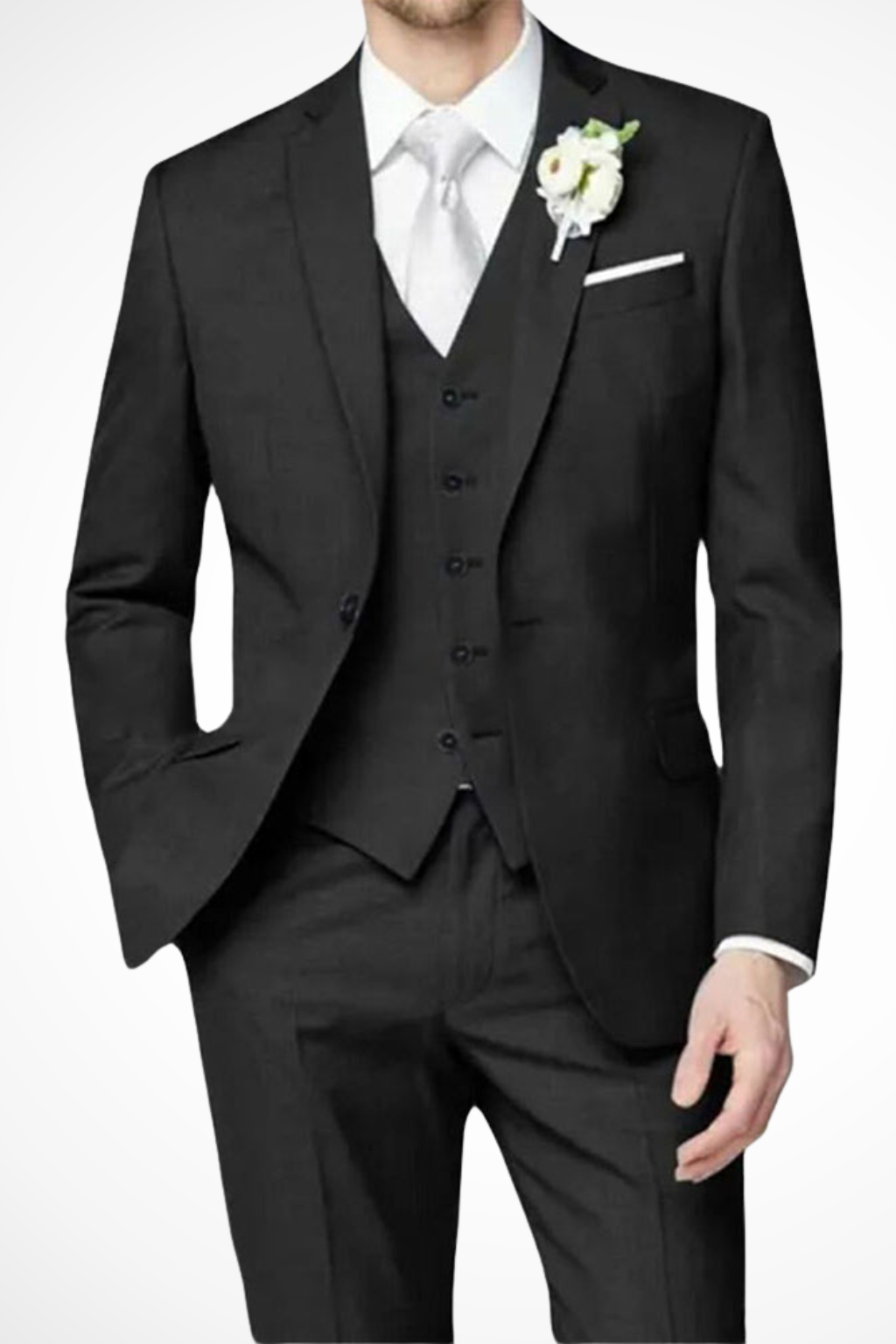 Men's three-piece single-breasted notch lapel suit with waistcoat and trousers